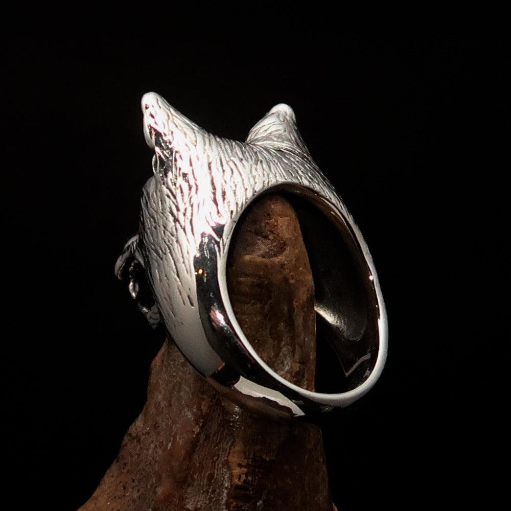 Men's Animal Ring featuring a detailed wolf's head design, crafted from high-quality Sterling Silver with a polished and antiqued finish.