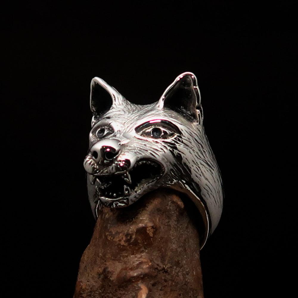 Men's Animal Ring featuring a detailed wolf's head design, crafted from high-quality Sterling Silver with a polished and antiqued finish.
