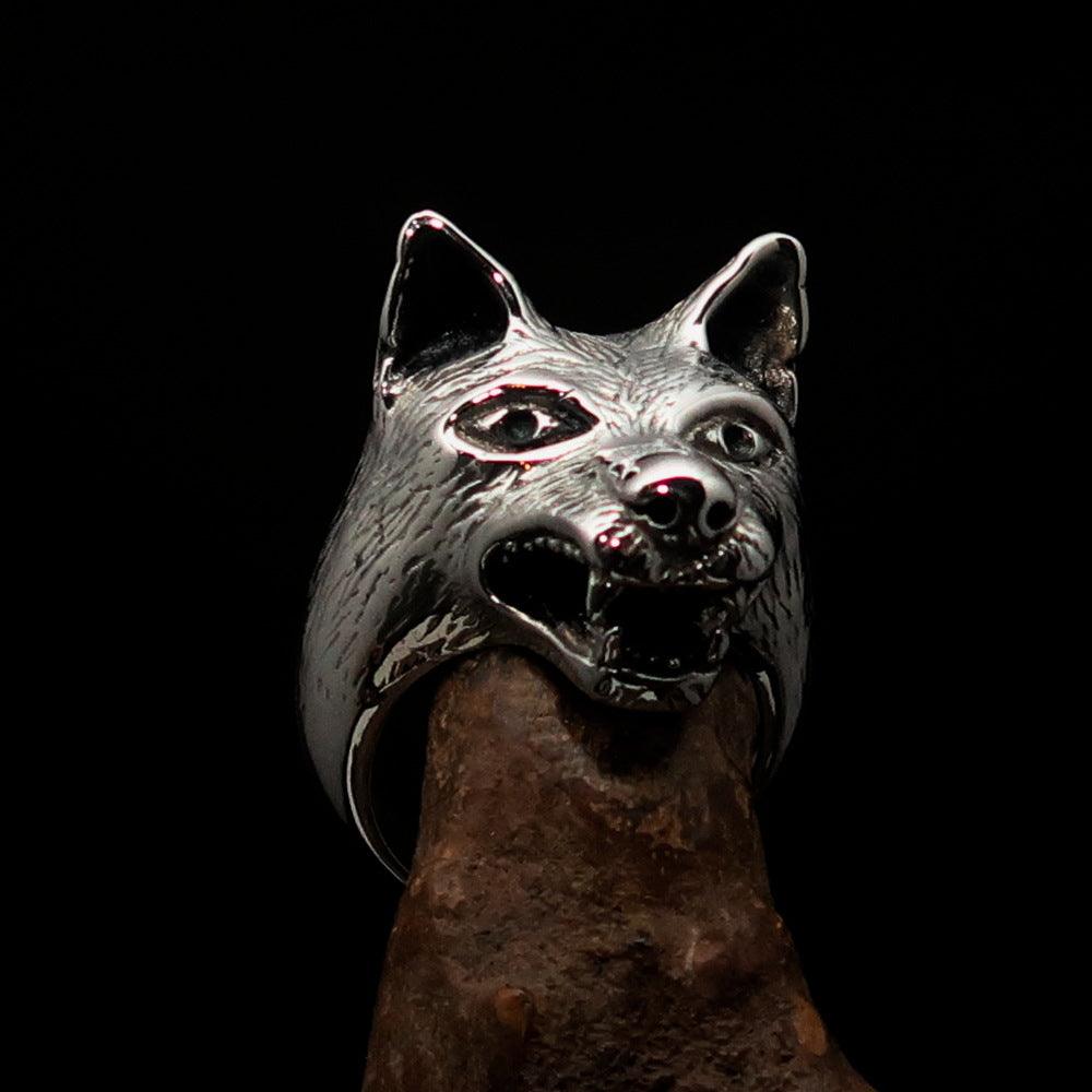 Men's Animal Ring featuring a detailed wolf's head design, crafted from high-quality Sterling Silver with a polished and antiqued finish.