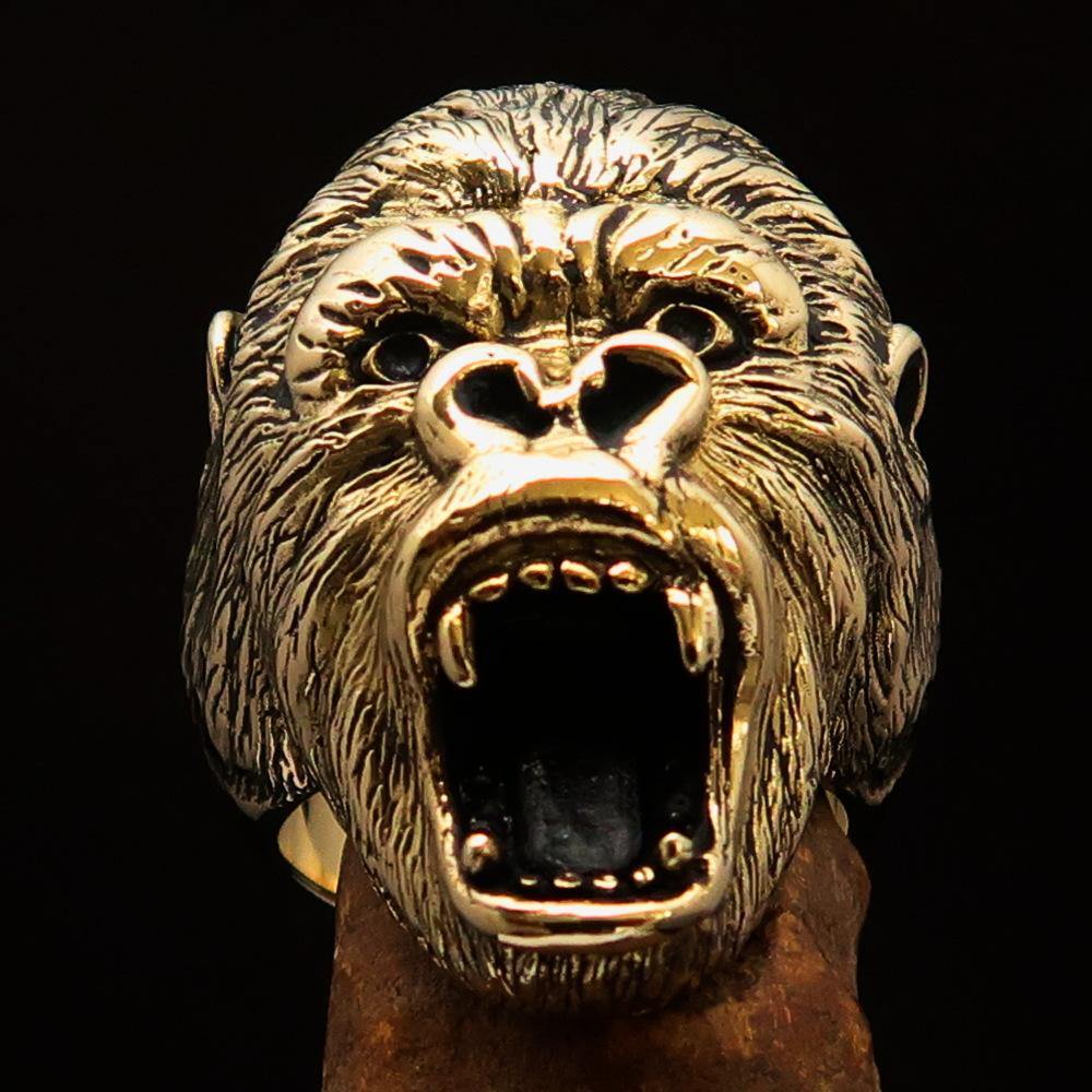 Men's Ape Ring featuring a roaring gorilla design, crafted from solid brass with a polished and antiqued finish.
