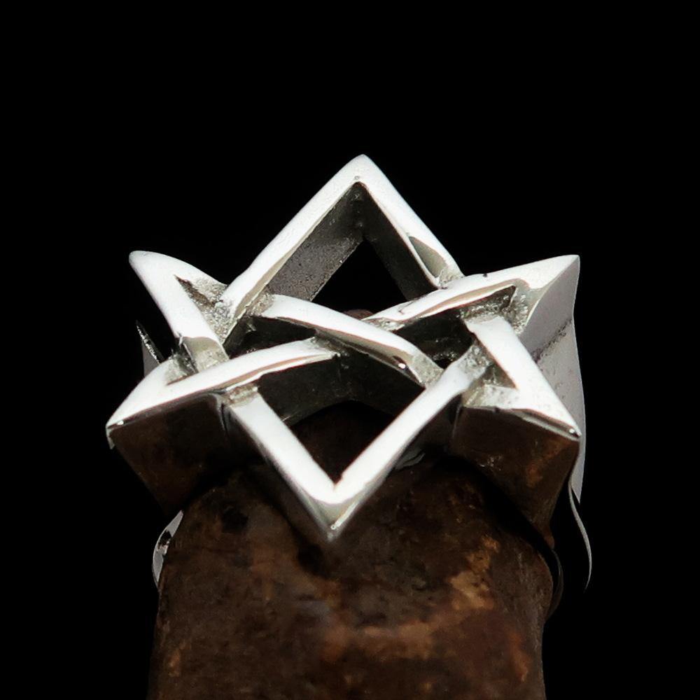 Men's Aquarian Star Ring made of solid sterling silver, featuring a mirror-polished finish and hallmarked 925 for authenticity.