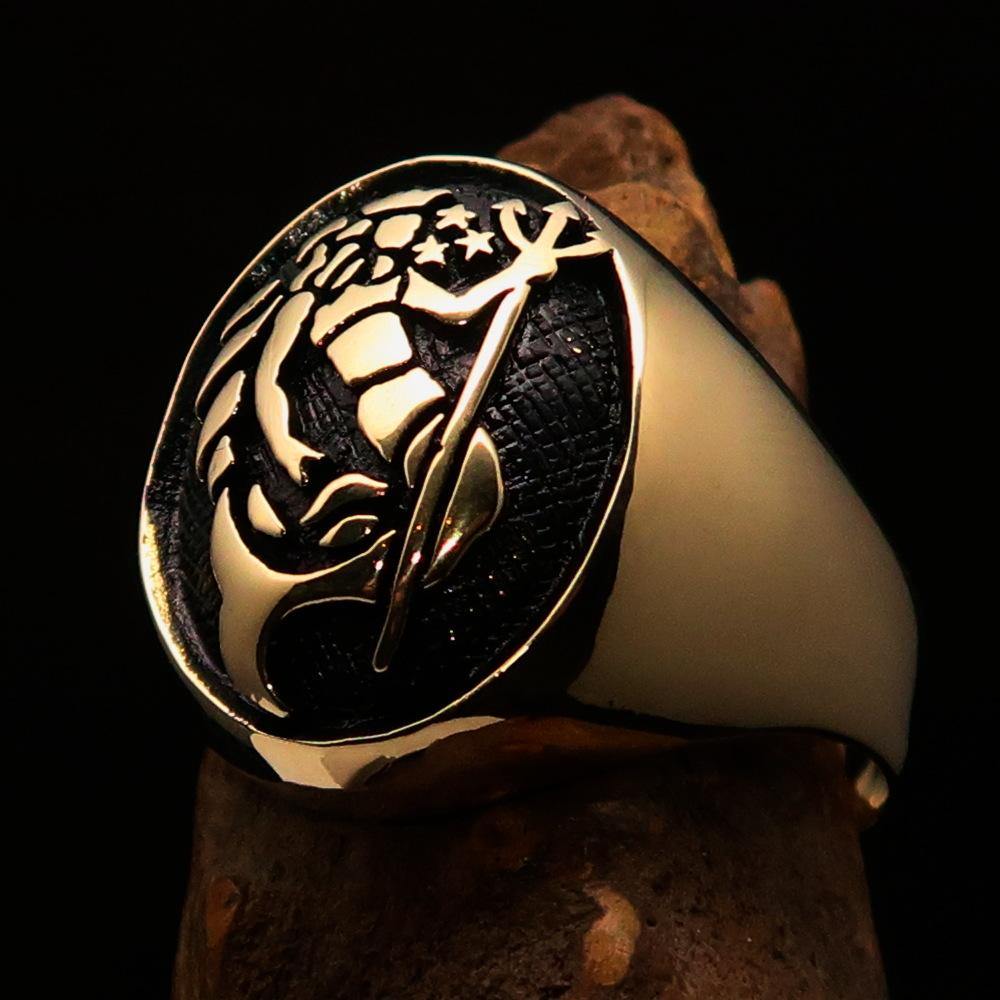 Men's Aquarius Ring made of solid brass with antiqued finish and polished details, showcasing zodiac design.