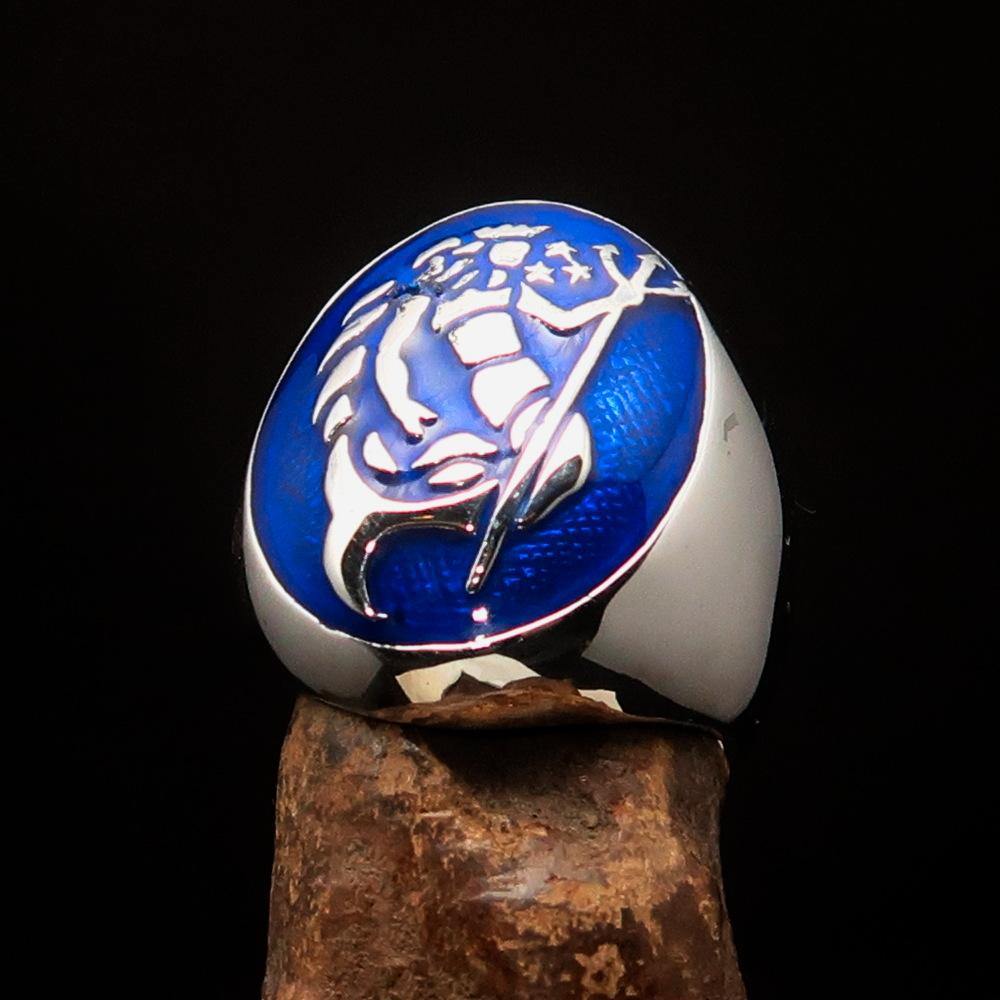 Men's Aquarius Ring in blue enamel, crafted from high-quality sterling silver with a polished finish, showcasing the Aquarius zodiac sign.