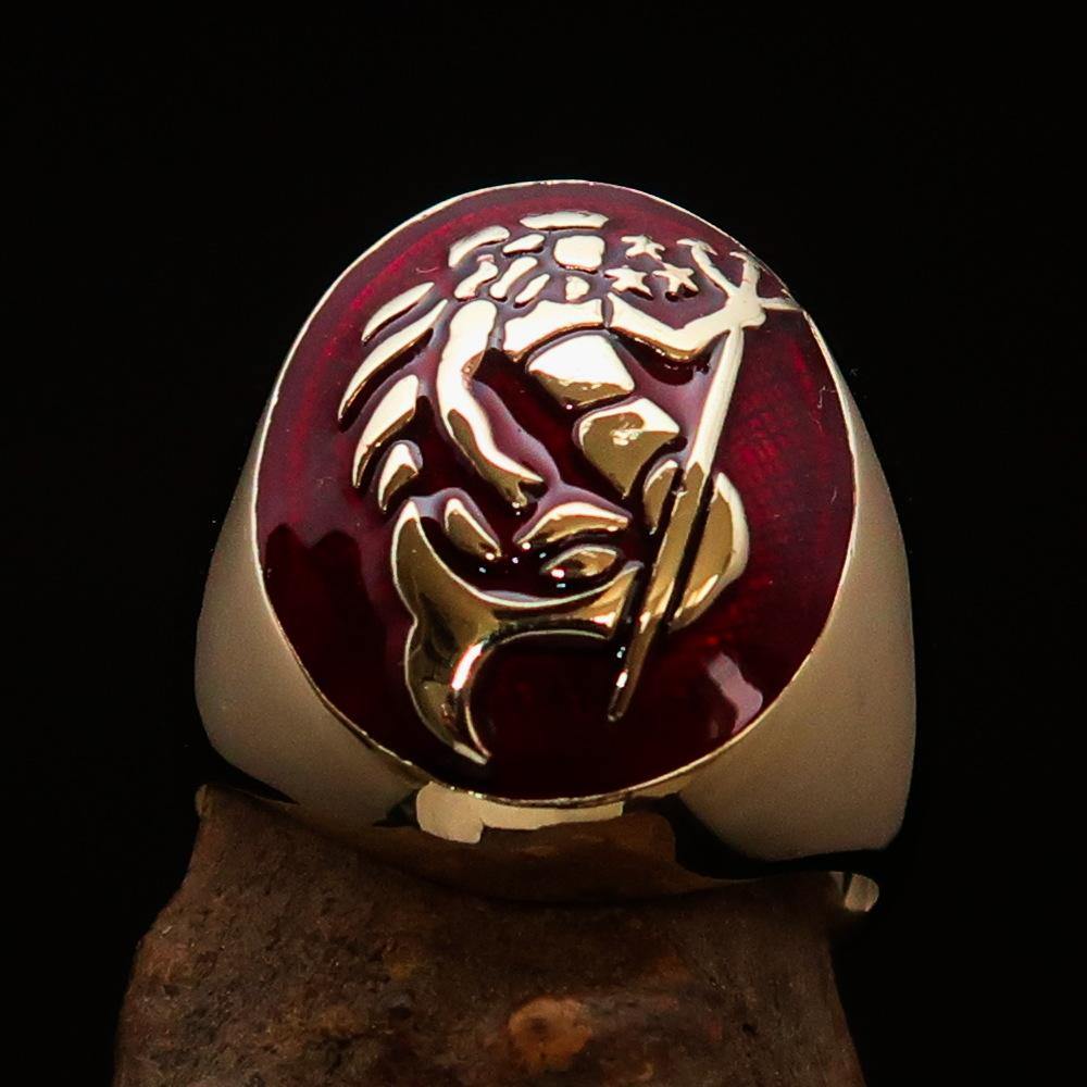 Men's Aquarius Ring made of solid brass with a high polished finish and red zodiac design, showcasing its elegant craftsmanship.