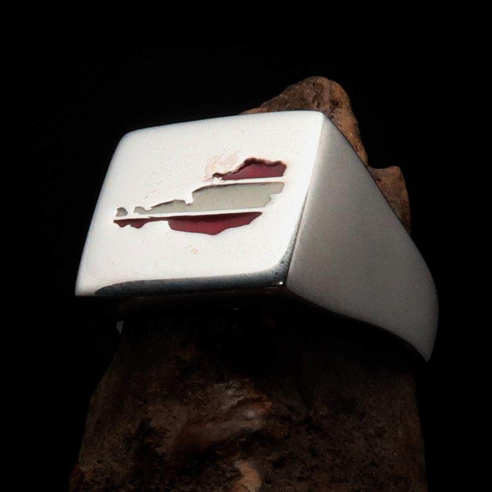 Men's Austrian Flag Ring made of high polished sterling silver with vibrant enamel detailing representing the Austrian flag.