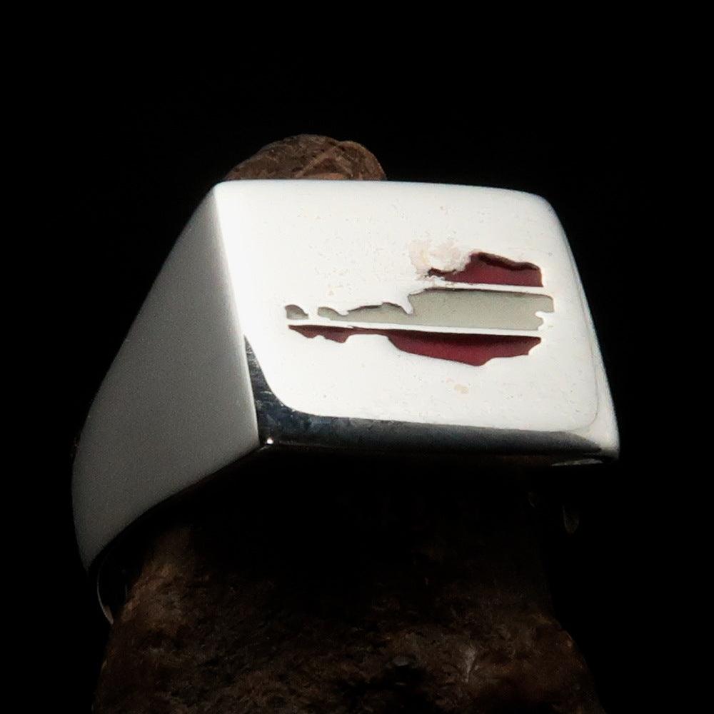 Men's Austrian Flag Ring made of high polished sterling silver with vibrant enamel detailing representing the Austrian flag.