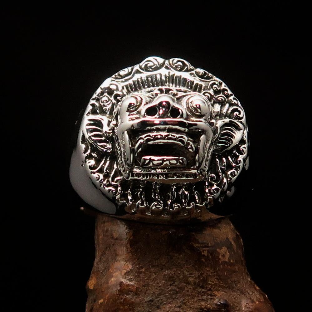 Men's Balinese God Ring featuring Bali Barong design in solid sterling silver, hallmarked 925 with antiqued and mirror polished finish.