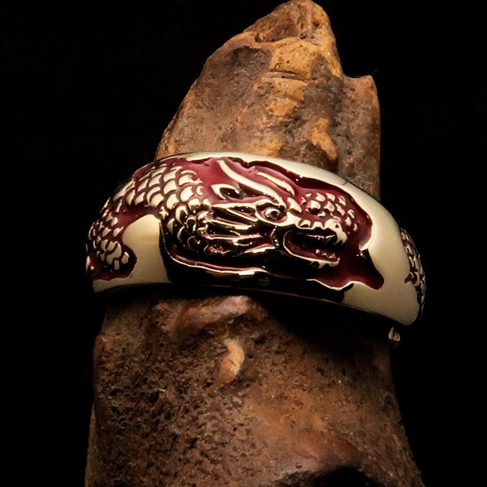 Men's Band Ring featuring a red dragon snake design, crafted from solid brass with a high polished finish and red enamel detailing.