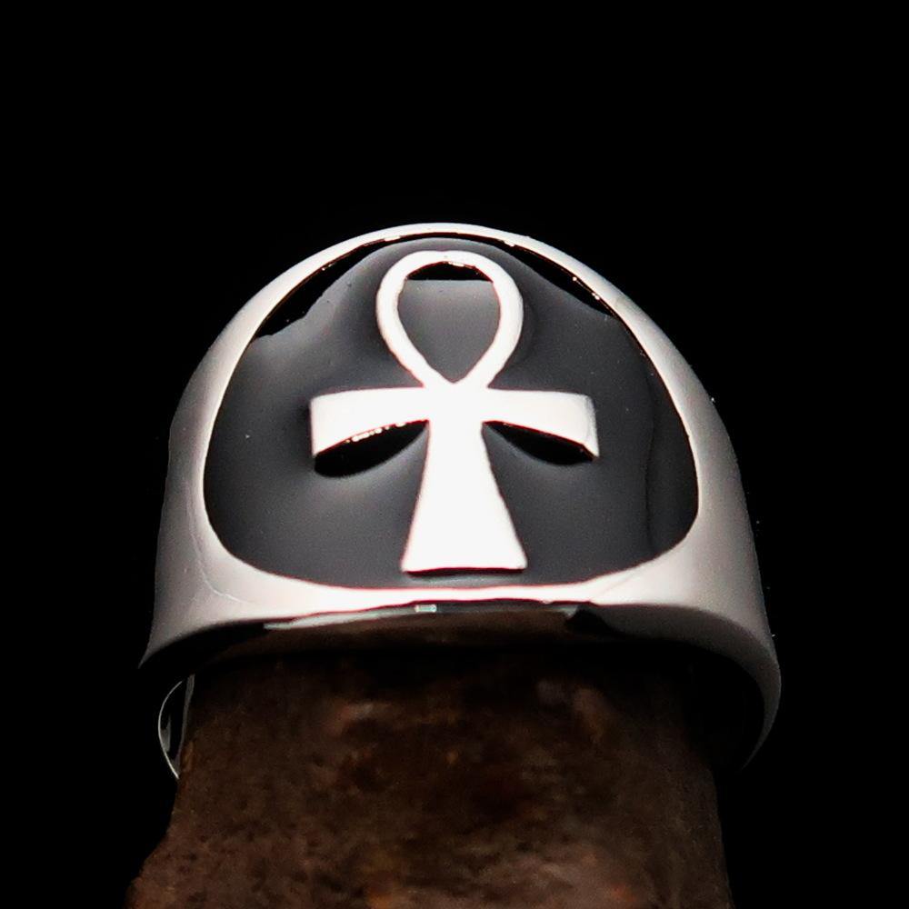 Men's big black Egyptian Ankh Cross Ring made of sterling silver with a polished finish and black enamel detailing.