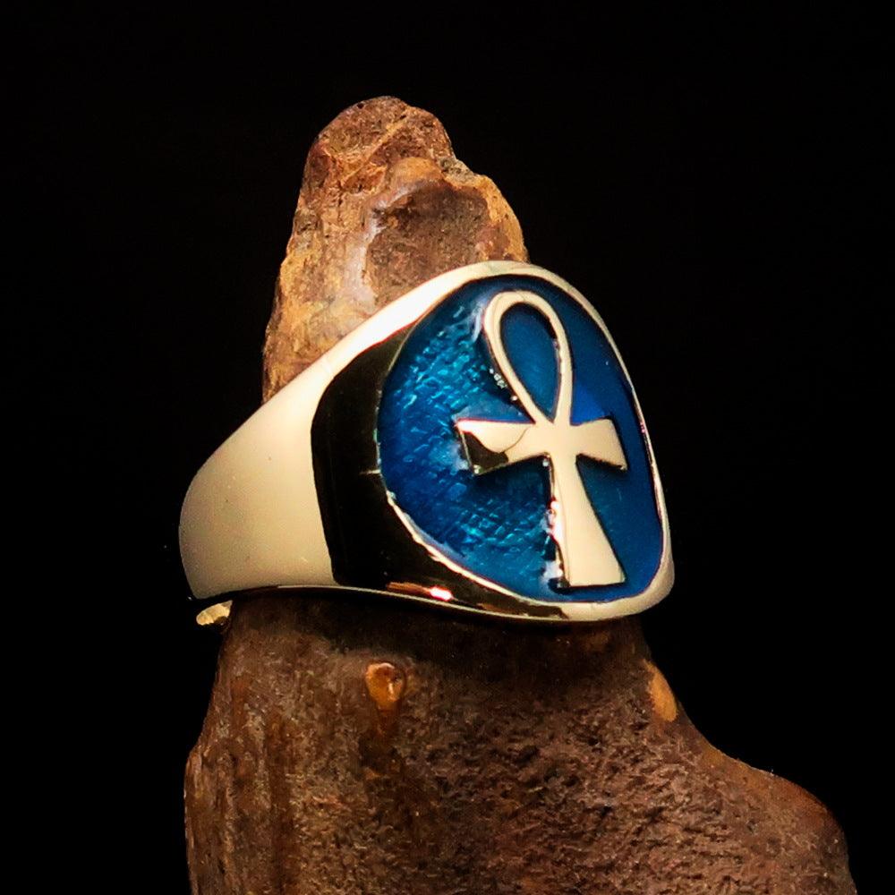 Men's big blue Egyptian Ankh Cross Ring made of solid brass with a mirror-polished finish and blue enamel.