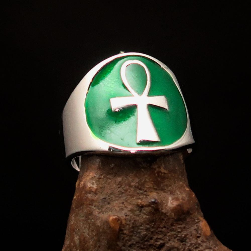 Men's big green Egyptian Ankh Cross Ring made of sterling silver with a polished finish and green enamel.