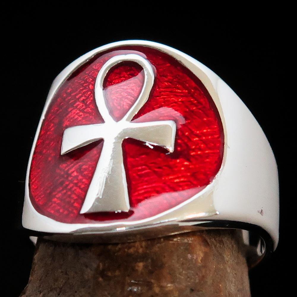 Men's big red Egyptian Ankh Cross Ring made of sterling silver with a polished finish and red enamel detailing.