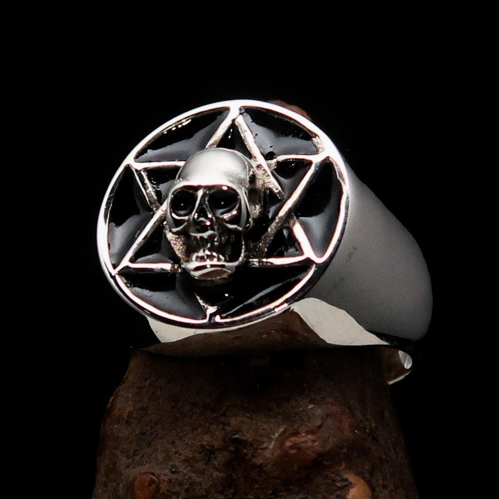 Men's Biker Ring featuring a black Hebrew skull design, crafted from high-polished sterling silver with a hallmark 925.