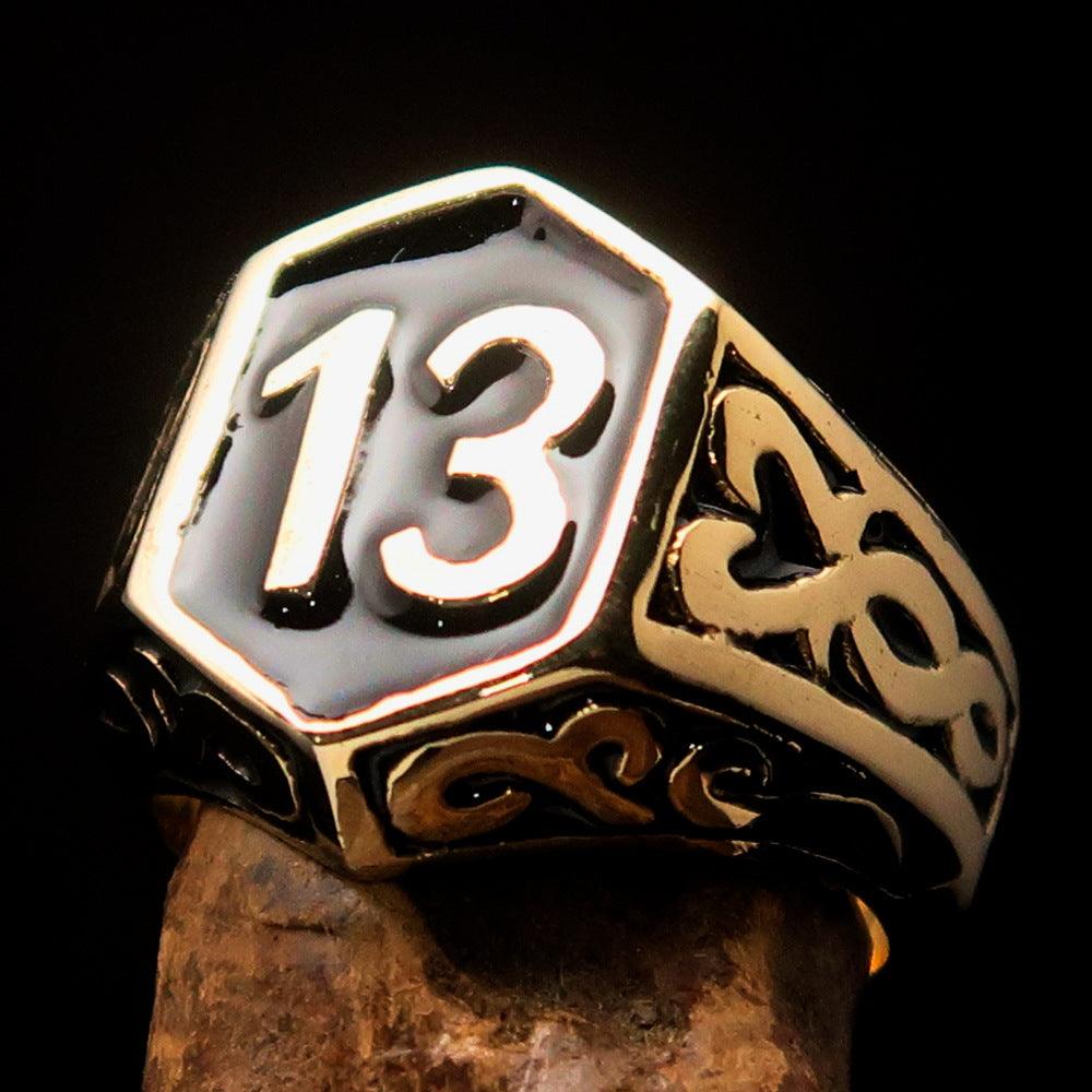 Men's Biker Ring Number 13 made of solid brass with a polished black enamel finish, showcasing its unique design and craftsmanship.