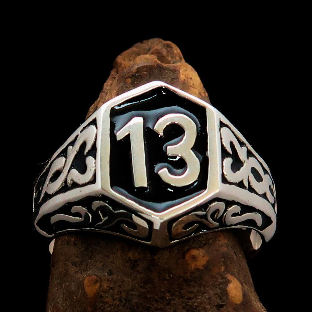 Men's Biker Ring Number 13 made of solid sterling silver with black enamel finish, showcasing a polished and stylish design.