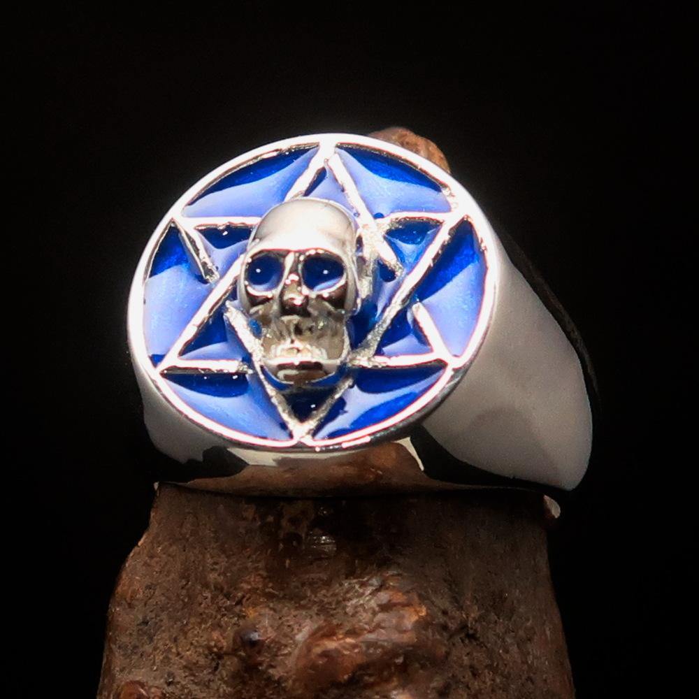 Men's Biker Ring featuring a blue Hebrew Skull design, crafted from high polished sterling silver with a hallmark 925.