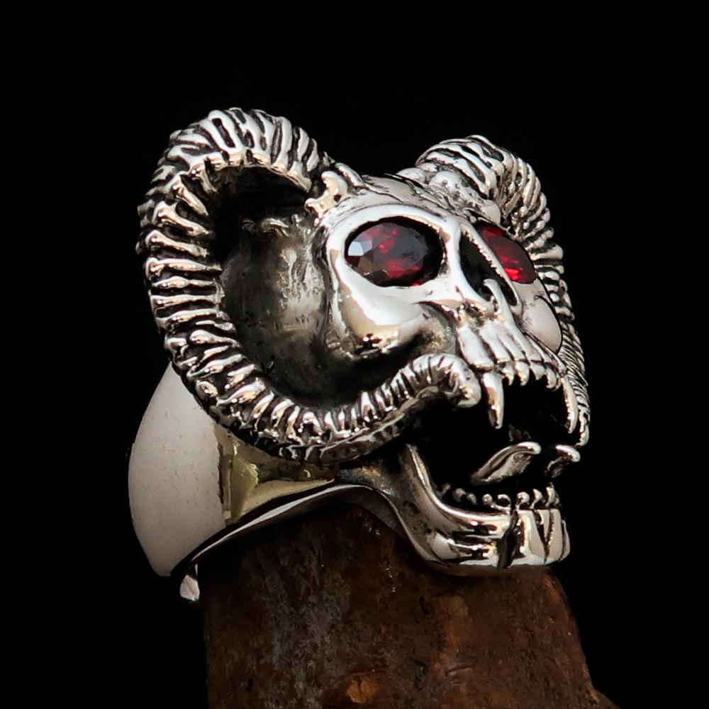 Men's Biker Ring featuring a detailed Ram Skull design with red Cubic Zirconia eyes, crafted from solid sterling silver.
