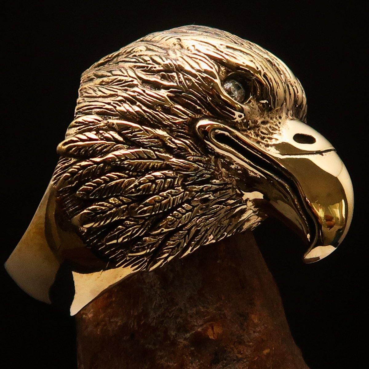 Men's Biker Ring featuring an eagle head design with white CZ eyes, crafted from solid brass with a polished and antiqued finish.