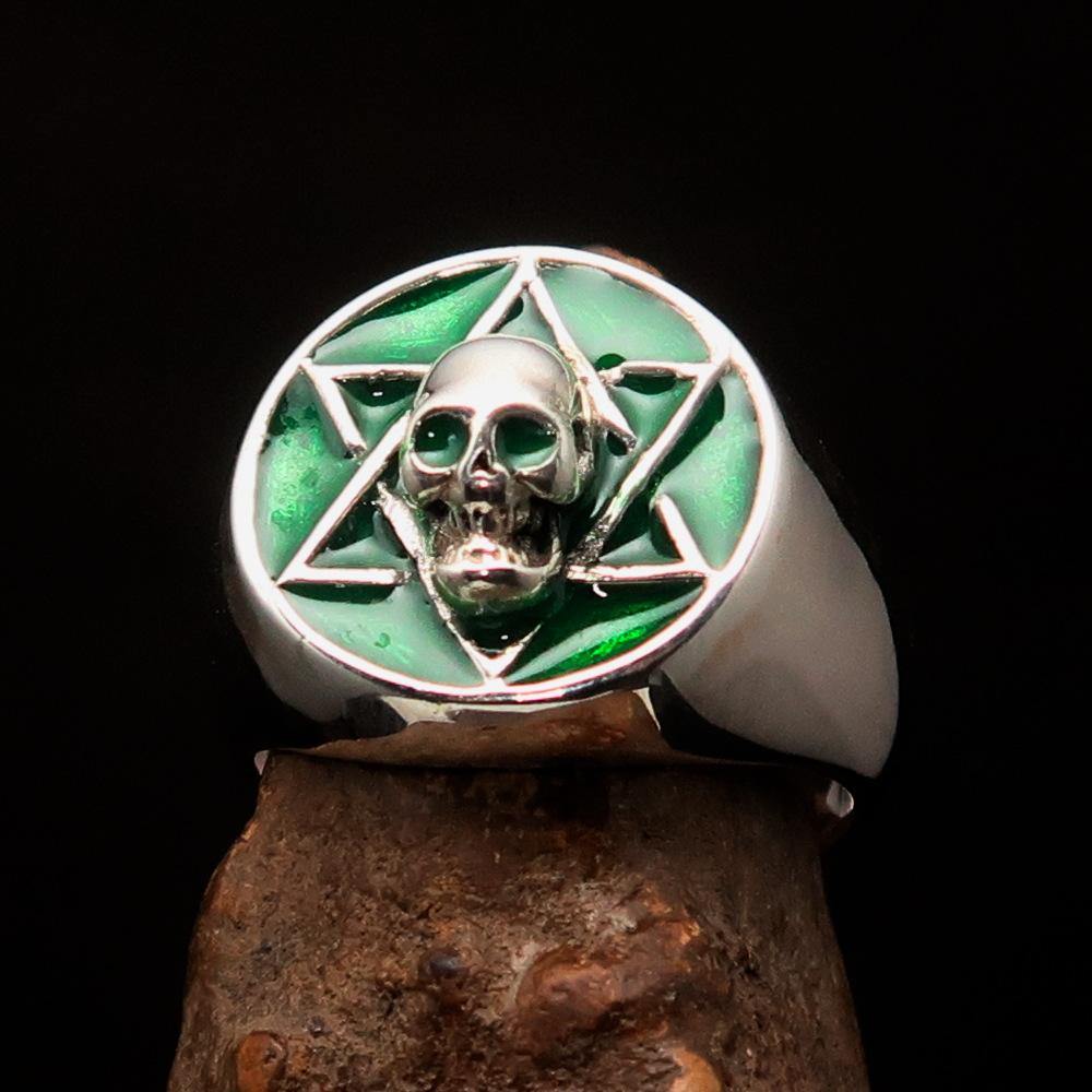 Men's Biker Ring featuring a Hebrew Skull design, crafted from solid sterling silver with a high polished green enamel finish.