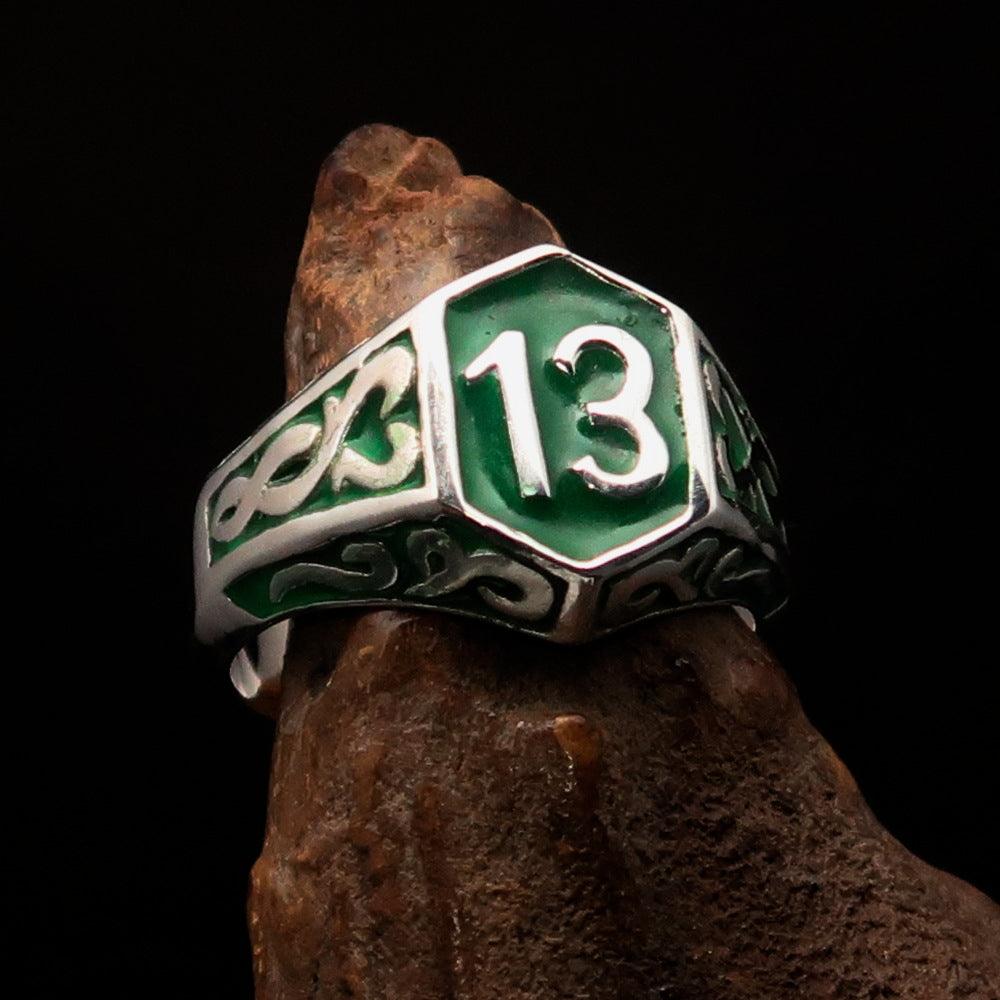 Men's Biker Ring made of solid sterling silver with a green lucky Number 13 design, showcasing high polish and enamel finish.