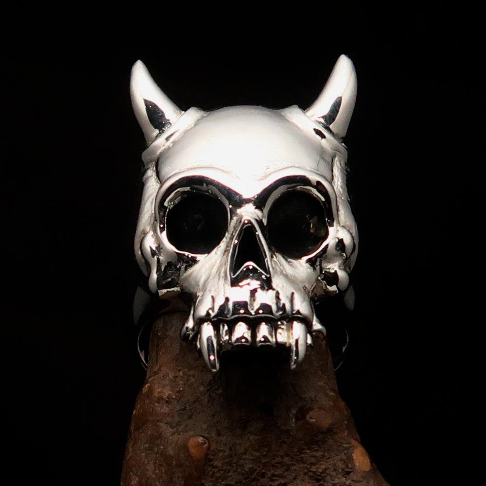 Men's Biker Ring featuring a horned Devil Skull design, crafted from solid sterling silver with a high polished and antiqued finish.