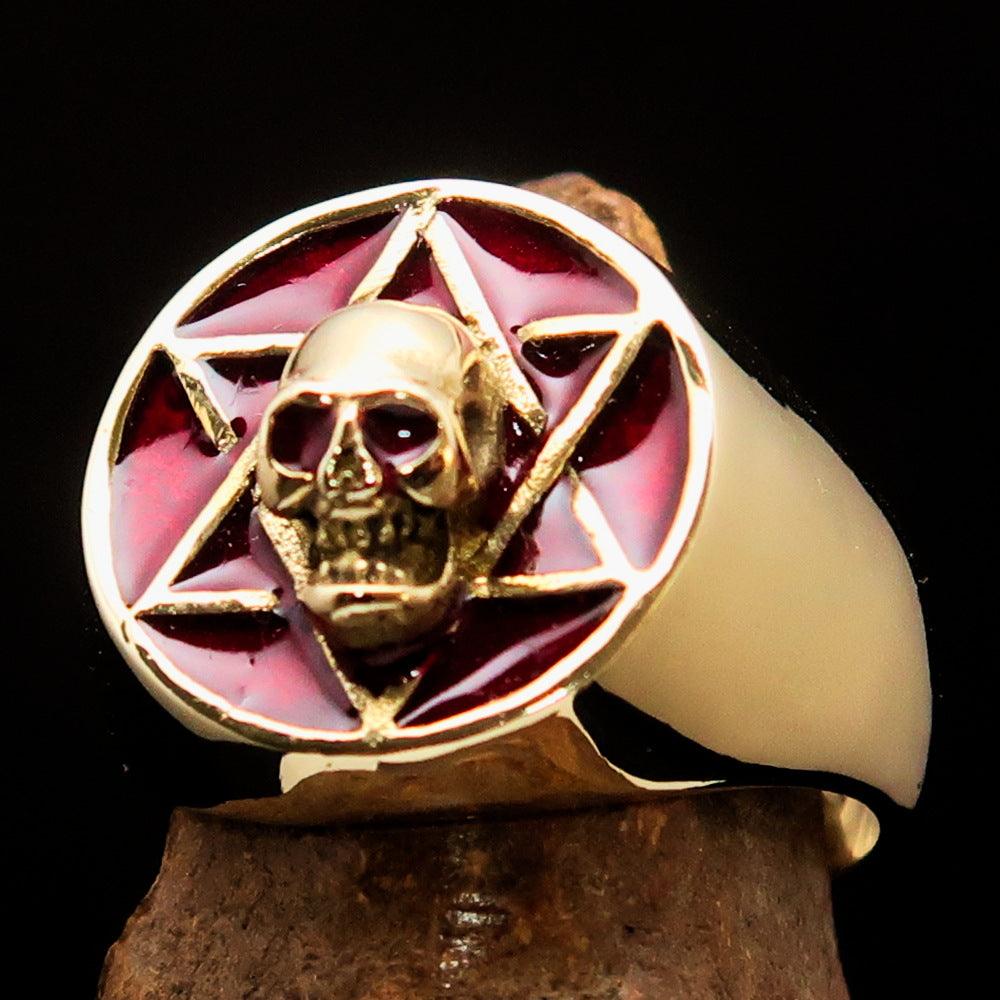 Men's Biker Ring featuring a red Hebrew Skull design, crafted from high polished solid brass, showcasing its unique and stylish appearance.