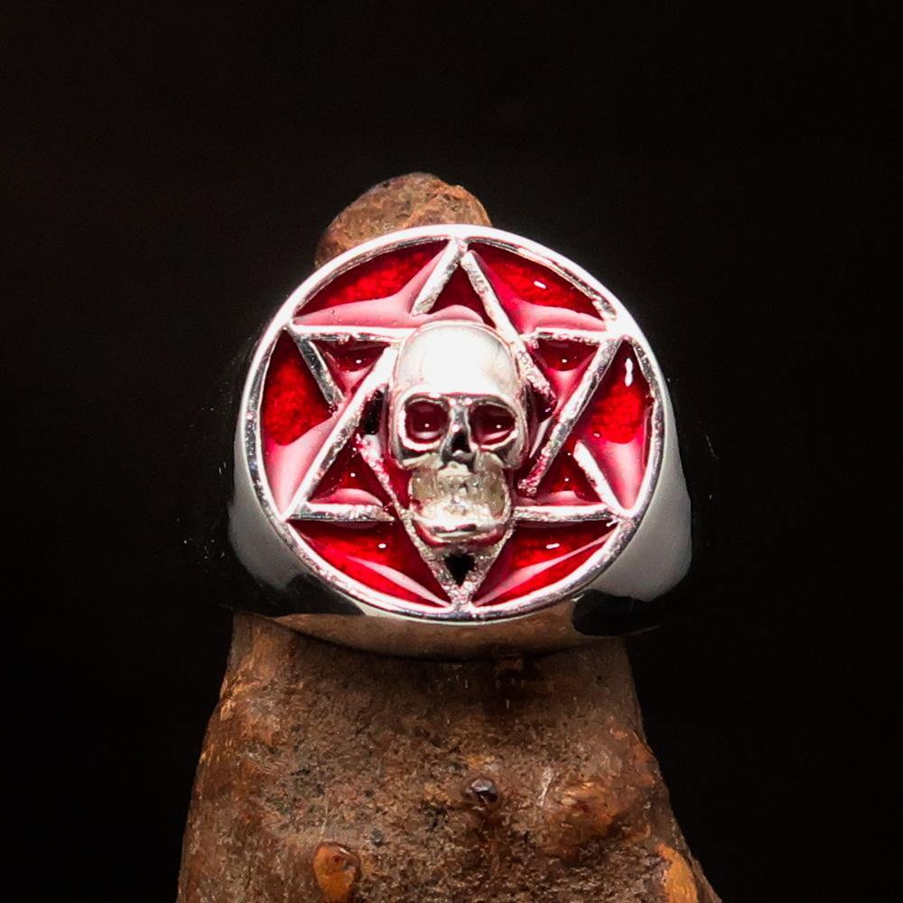 Men's Biker Ring featuring a red Hebrew Skull design, crafted from high-polished sterling silver with a hallmark 925.