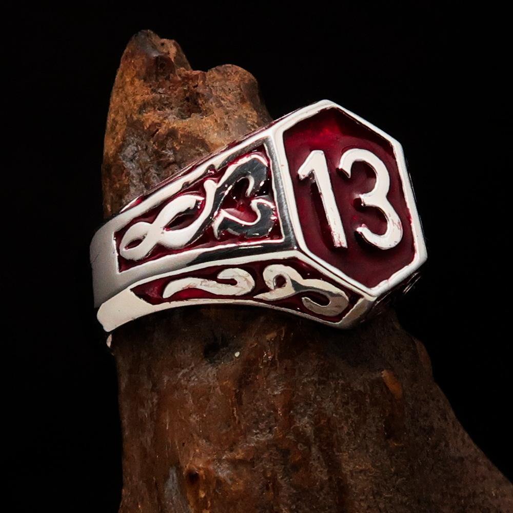 Men's Biker Ring made of Sterling Silver 925 featuring a bold red Number 13 design, polished to a high shine.