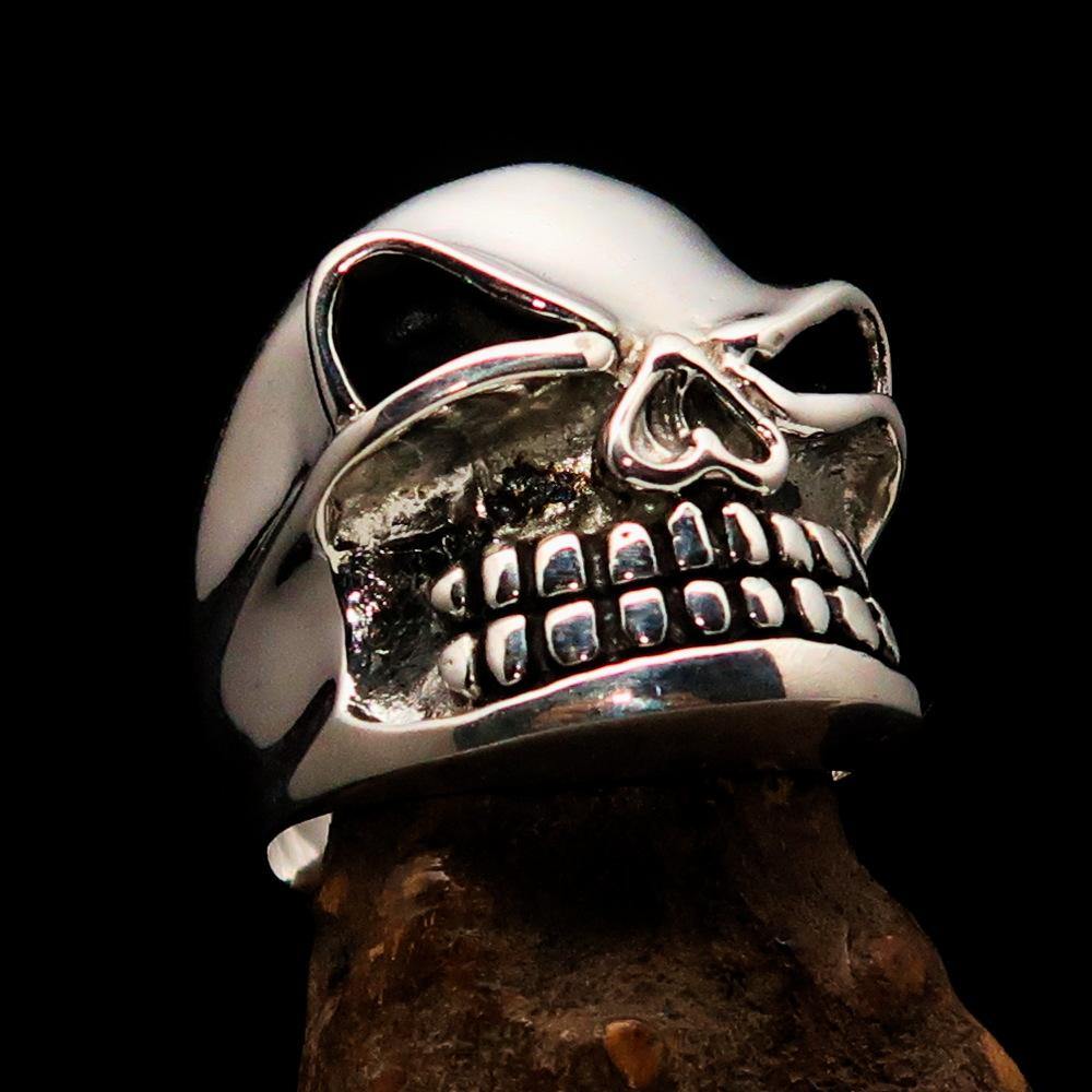 Men's Biker Ring featuring a winking Gnome Skull design, crafted from solid sterling silver with a high polished and antiqued finish.