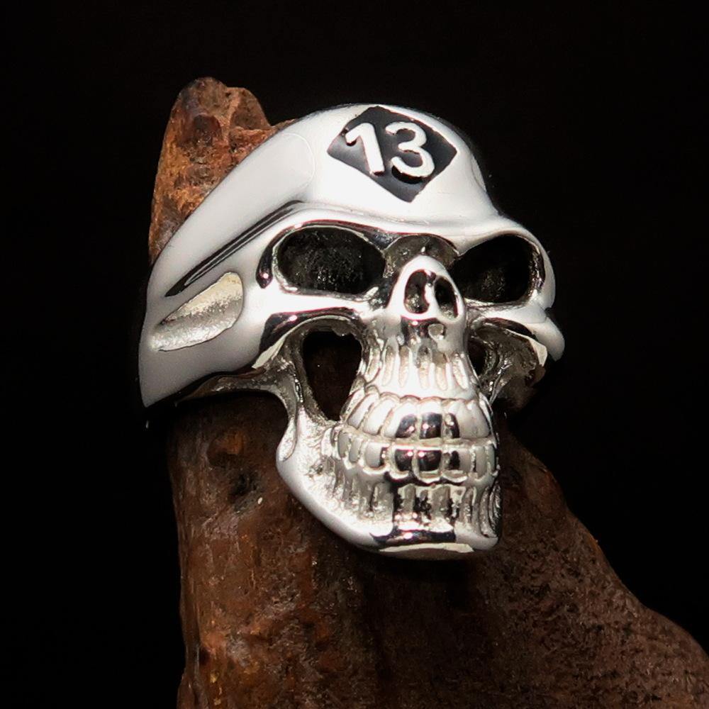 Men's Biker Skull Ring made of sterling silver with a black diamond centerpiece and black enamel finish, showcasing a bold and edgy design.