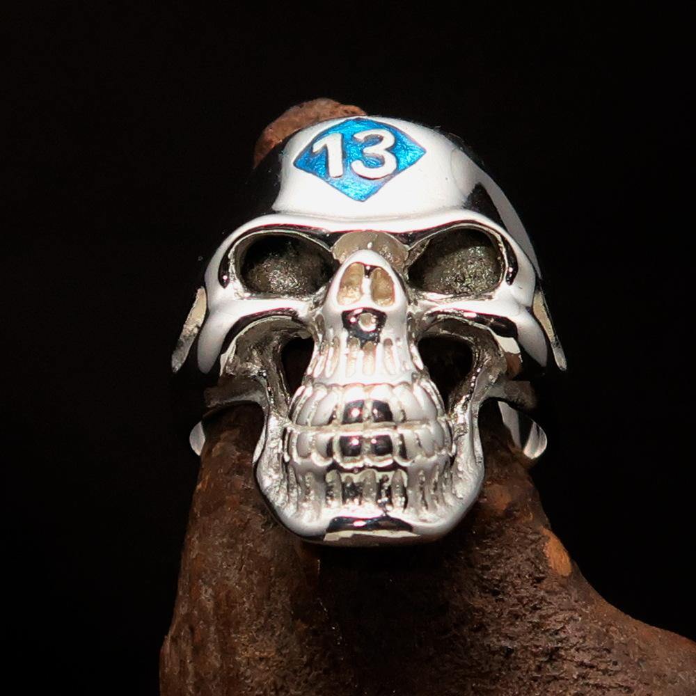 Men's Biker Skull Ring made of solid sterling silver with blue diamond accents and high polished finish, showcasing a unique skull design.