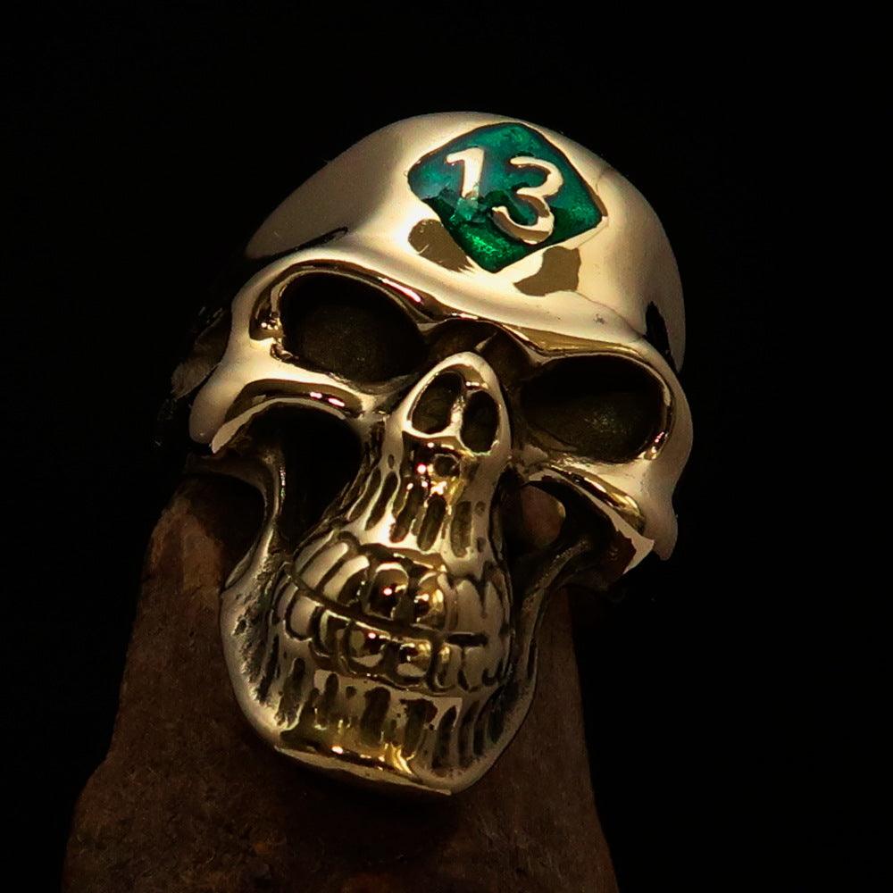 Men's Biker Skull Ring featuring a green diamond and high polished solid brass design, showcasing intricate skull details.