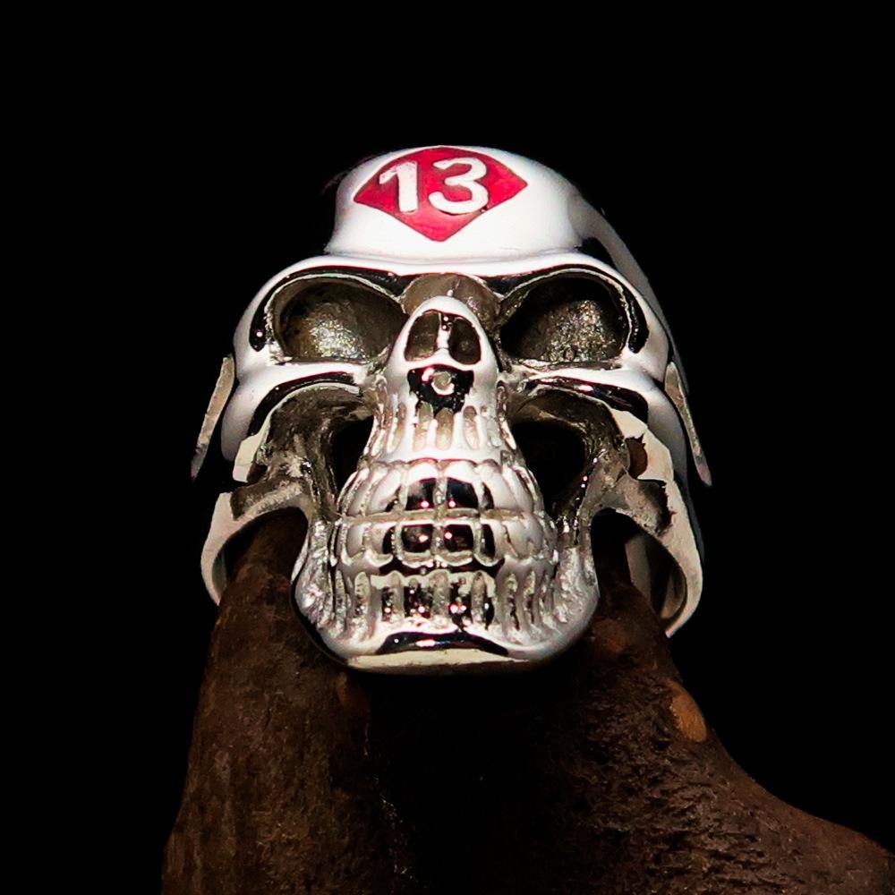 Men's Biker Skull Ring made of solid sterling silver with a red diamond, featuring a high polished finish and unique skull design.