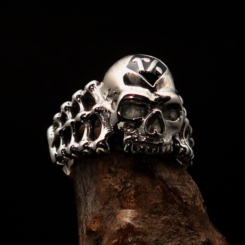Men's black 1% Outlaw Biker Skull and Bones Ring made of solid sterling silver with high polish and black enamel finish.
