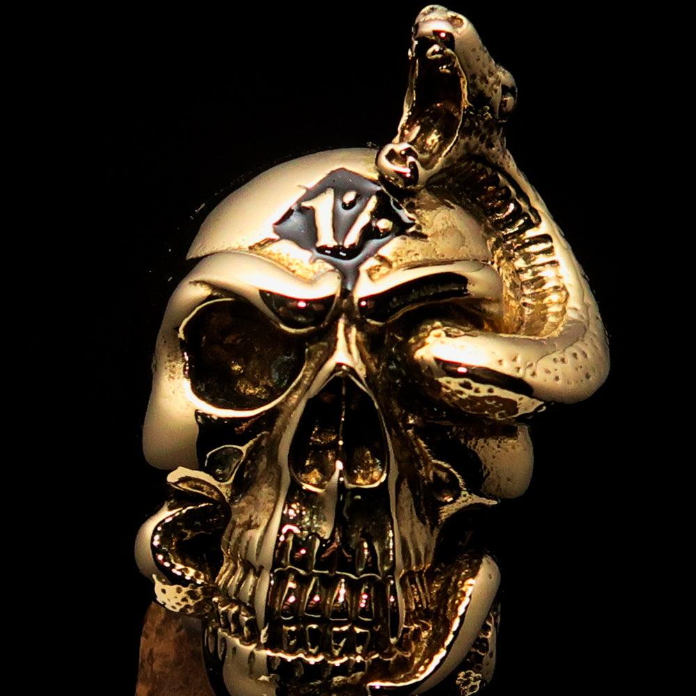 Men's black 1% Snake Skull Outlaw Biker Ring made of solid brass with a mirror polished finish and black enamel.