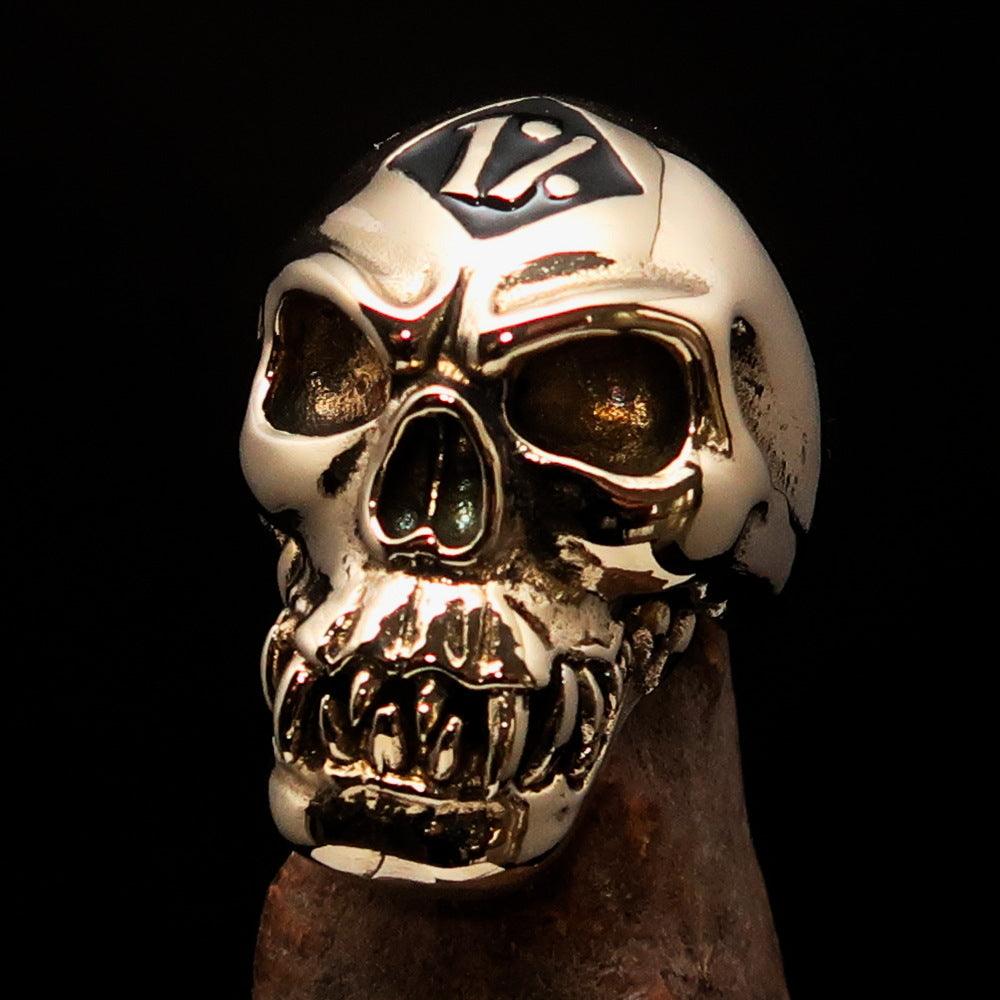 Men's black 1% Zombie Skull Outlaw Biker Ring made of solid brass with a polished finish and black enamel detailing.