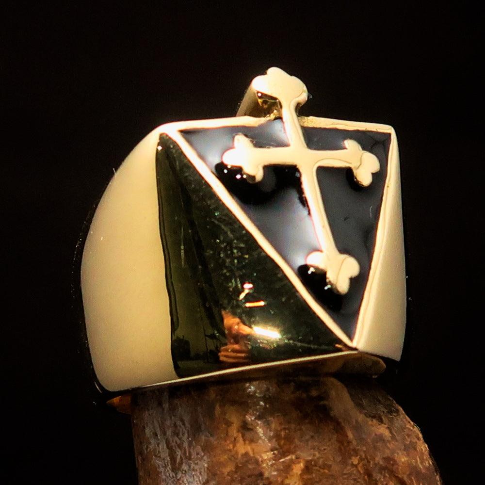 Men's black Coptic Rose Cross Ring made of solid brass with high polish and black enamel finish, showcasing its elegant design.