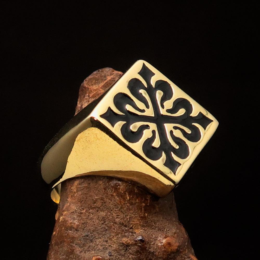 Men's Black Fleur de Lis Cross Ring made of solid brass with a high-polished finish and black enamel detailing, showcasing an elegant design.