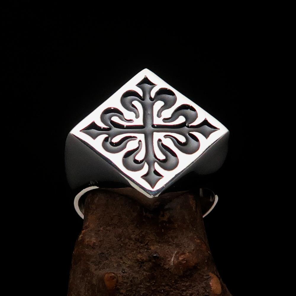Men's Black Fleur de Lis Cross Ring made of solid sterling silver with high polish and black enamel finish, showcasing intricate design.