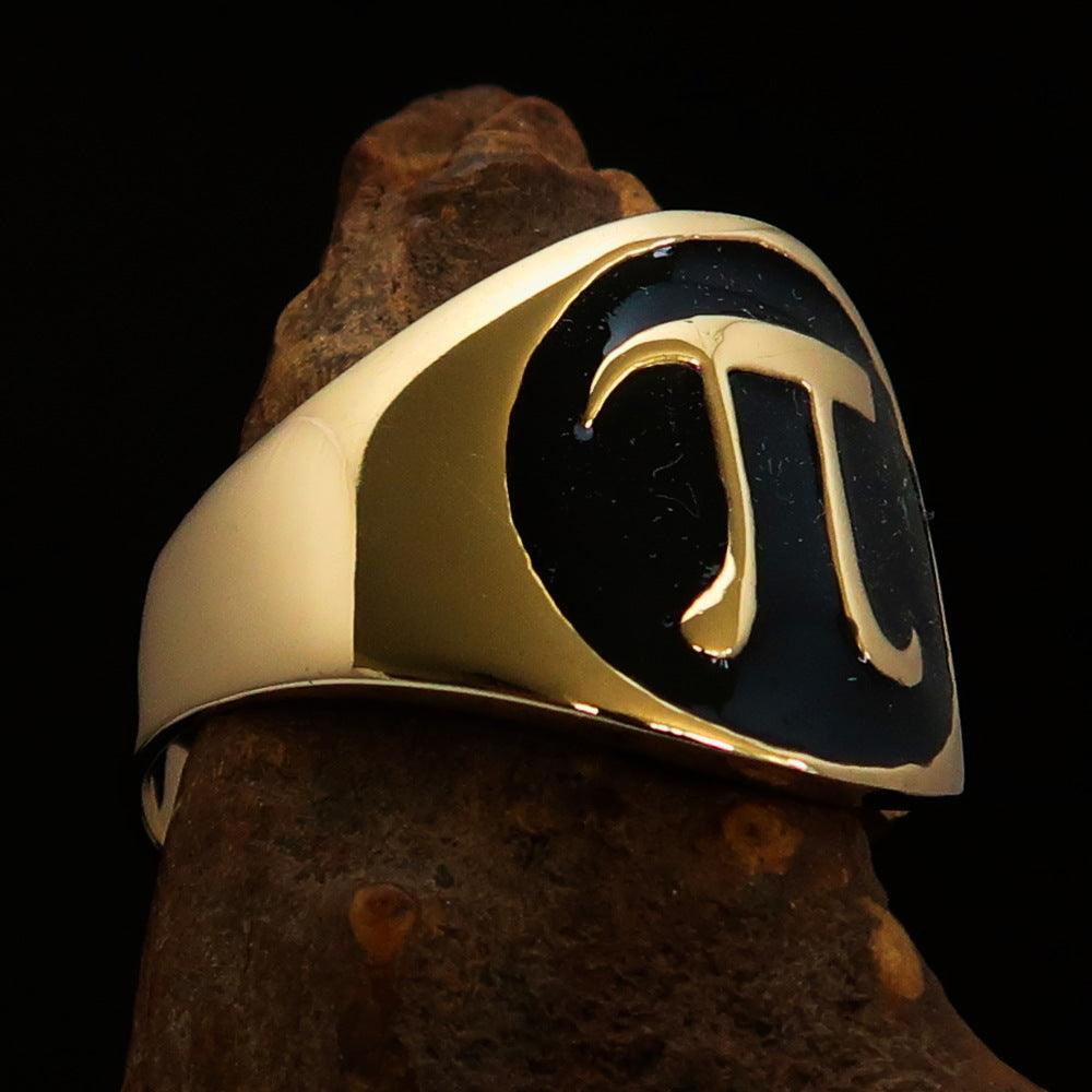 Men's black Greek letter Pi pinky ring made of solid brass with high polish finish and black enamel detailing.