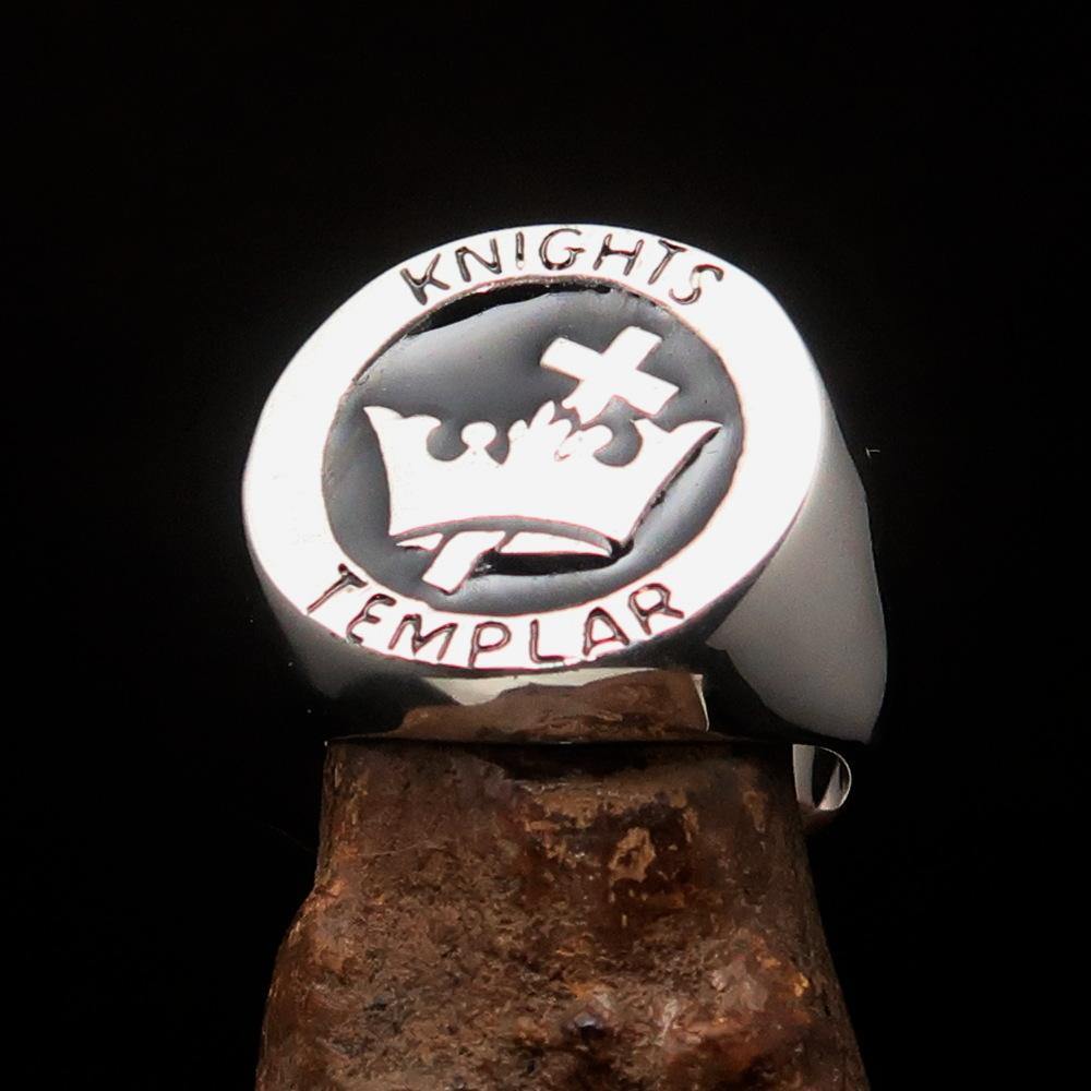 Men's Black Knights Templar Ring made of solid sterling silver with a cross and crown design, featuring a polished finish and black enamel.