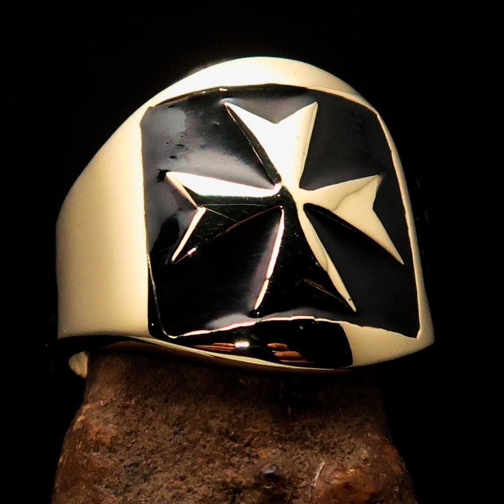 Men's Black Maltese Cross Biker Ring made of solid brass with a high polished finish and black enamel inlay, showcasing intricate craftsmanship.