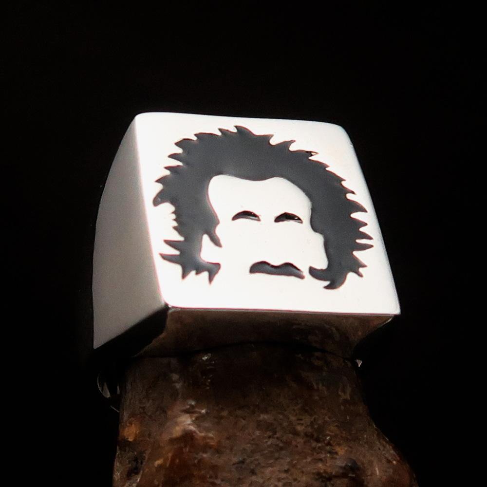 Men's black sterling silver ring featuring a detailed man with beard design, polished with enamel finish.