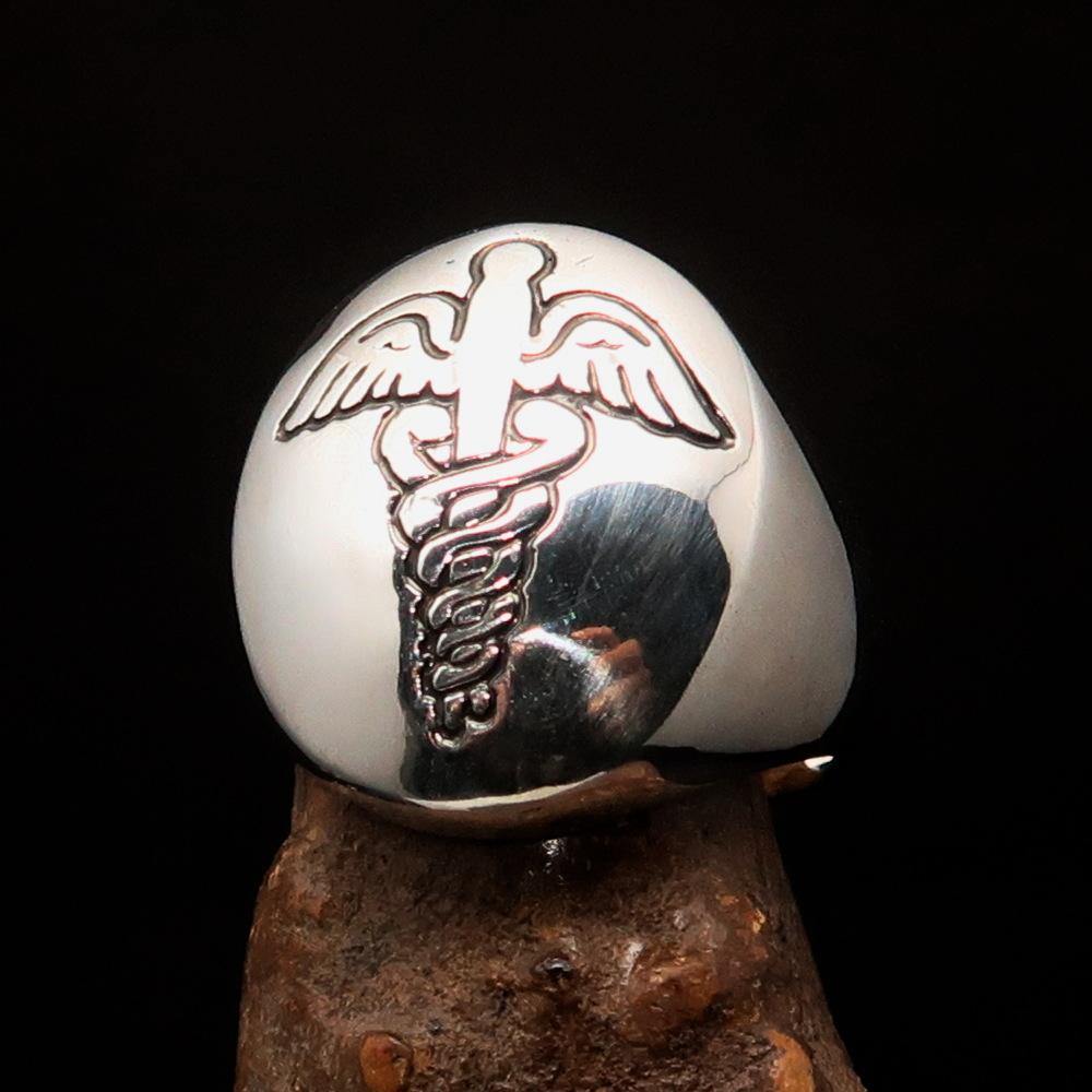 Men's Black Medical Doctor Seal Ring made of high-polished sterling silver with black enamel, showcasing a professional design.