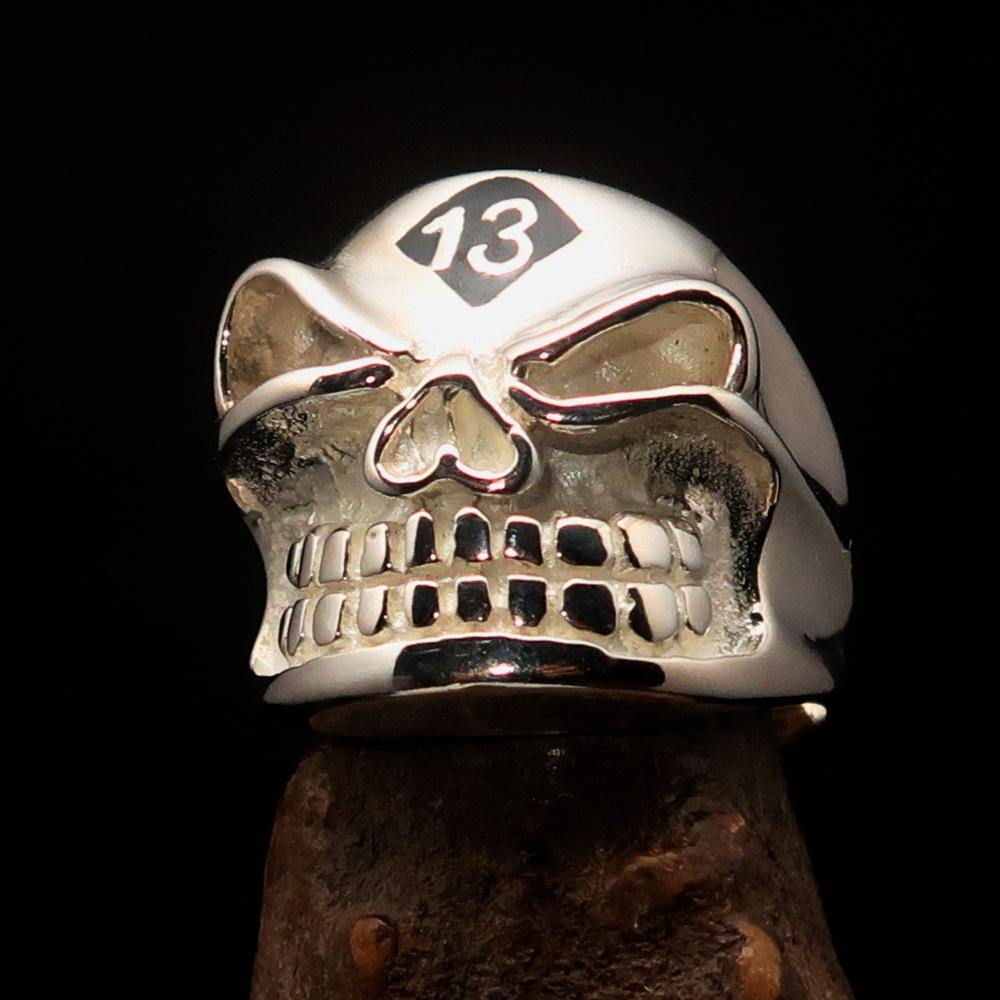 Men's black Number 13 Gnome Skull Ring made of solid sterling silver with a polished finish and black enamel detailing.
