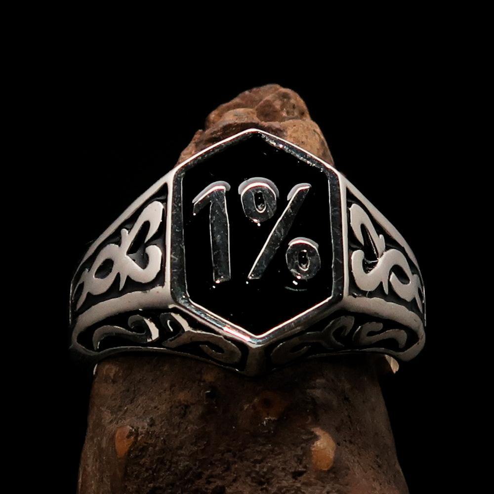 Men's Black Outlaw Biker Ring 1% made of solid sterling silver with high polish and enamel finish, showcasing its unique design and quality.