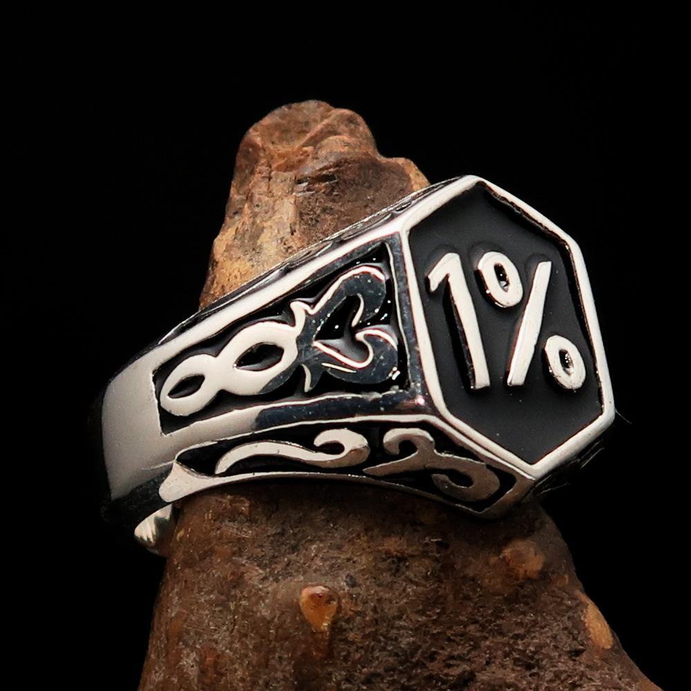 Men's Black Outlaw Biker Ring 1% made of solid sterling silver with high polish and enamel finish, showcasing its unique design and quality.