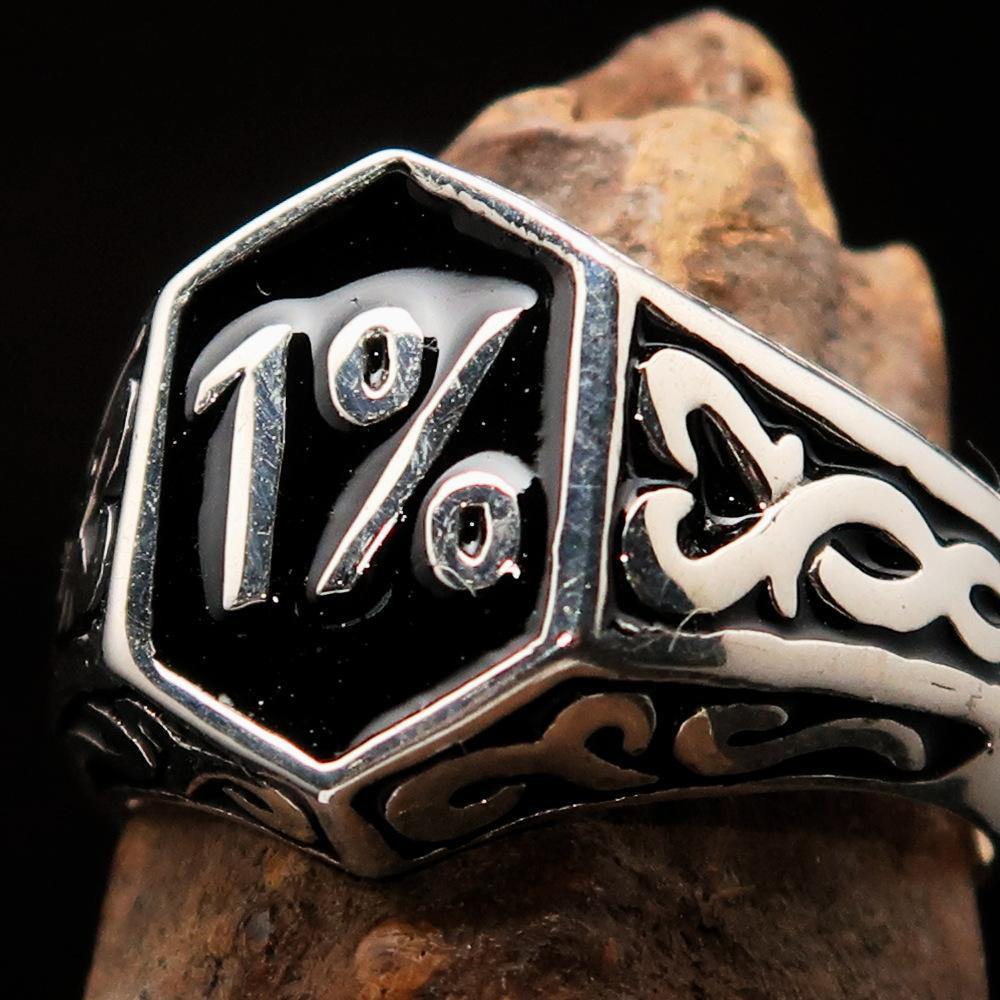 Men's Black Outlaw Biker Ring 1% made of solid sterling silver with high polish and enamel finish, showcasing its unique design and quality.