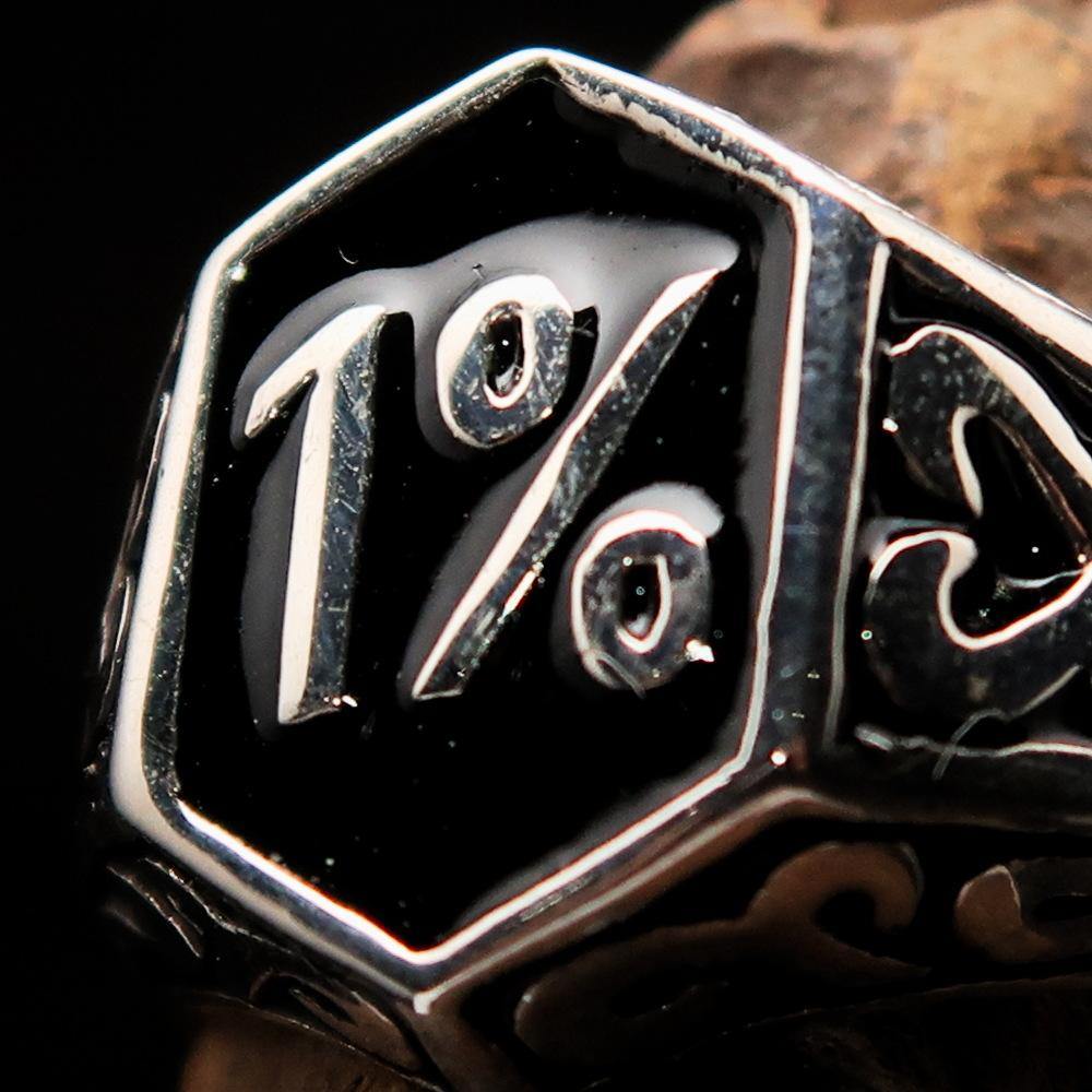 Men's Black Outlaw Biker Ring 1% made of solid sterling silver with high polish and enamel finish, showcasing its unique design and quality.