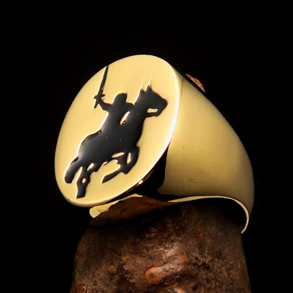 Men's Black Riding Knight Ring made of solid brass with a polished finish and black enamel detailing.